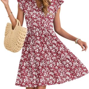 AUSELILY Women Summer Dress V Neck Ruffle Short Sleeve Ladies Dress Wrap Waist Casual Minidress with Pockets
