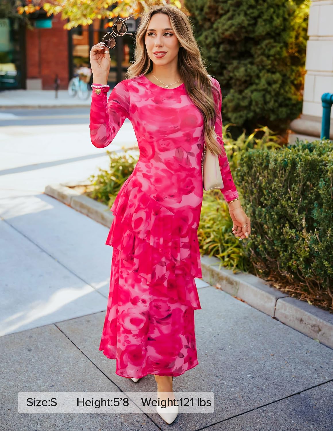 ZESICA Women's Fall Floral Wedding Guest Bodycon Dresses 2025 Long Sleeve Crewneck Mesh Ruffle Mermaid Party Maxi Dress - Image 7