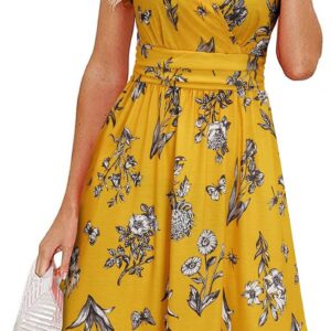 Newshows Women’s Summer Short Sleeve Dresses V Neck Floral Print/Solid Faux Wrap Dress Casual Midi Sundress with Pockets