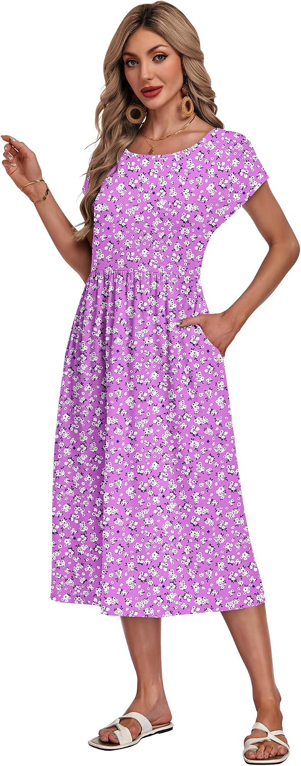 AUSELILY Women's Summer Short Sleeve Midi Dresses Loose Dress with Pockets - Image 4