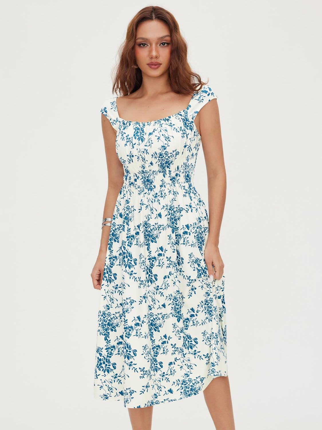 CIDER Women Summer Maxi Dress Floral Square Neck Short Sleeve Casual Midi Dress with Pockets - Image 6