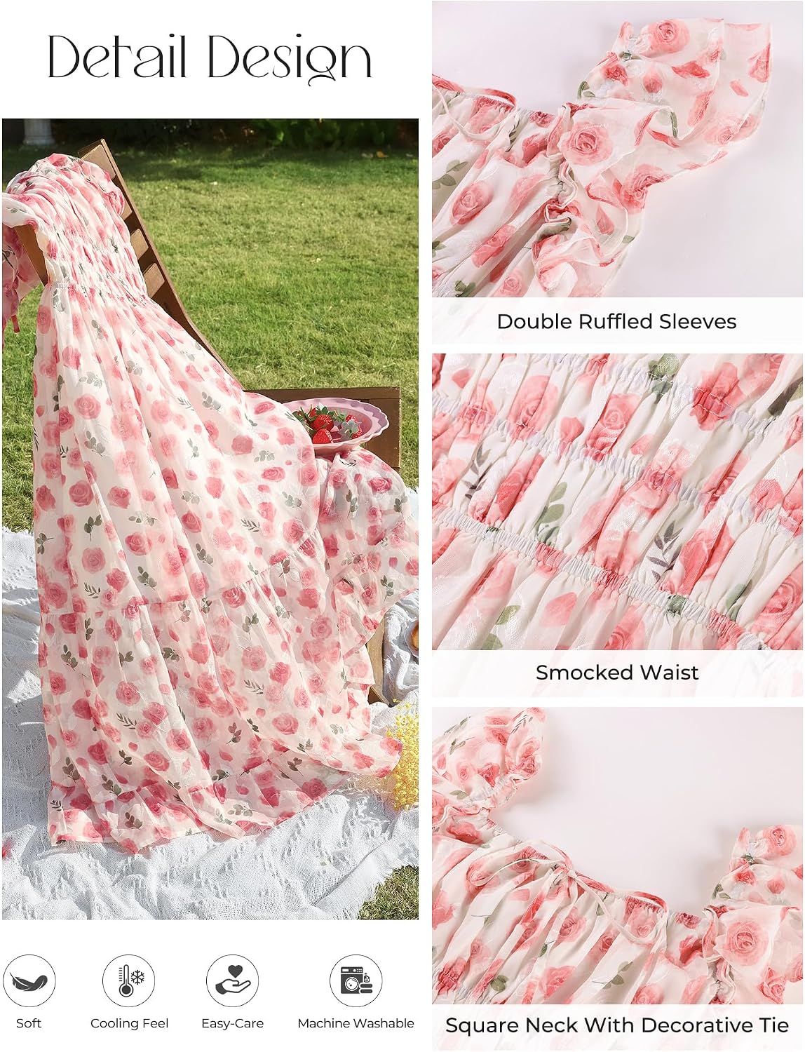 GRACE KARIN Women's Floral Summer Dress, Elegant Ruffle Sleeves Wedding Guest Dress, Elastic Waist A Line Midi Dresses - Image 3