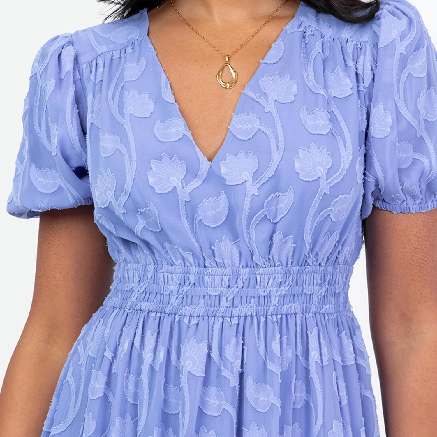 Lovedrobe Women's Midi Dress Ladies V-Neck Short Puffed Sleeves Floral Burnout A-line Tiered Skirt Elasticated Waist - Image 3