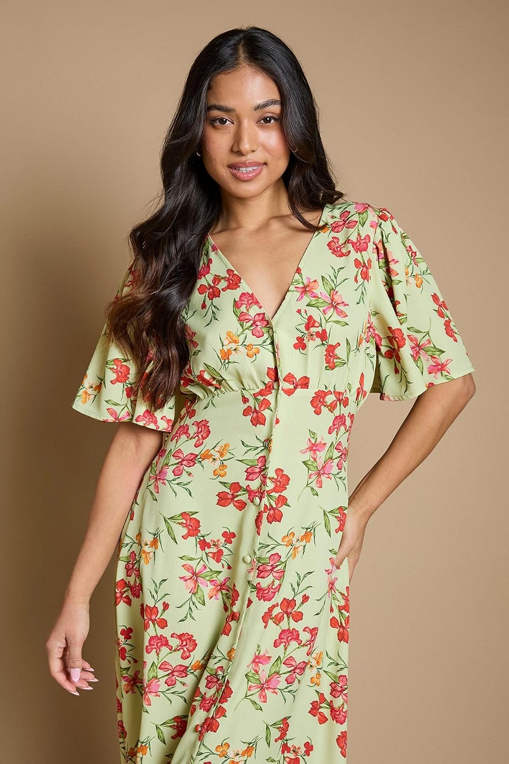 Dorothy Perkins Petite Green Floral Button Front Angel Sleeve Tie Back Midi Dress - Image 4