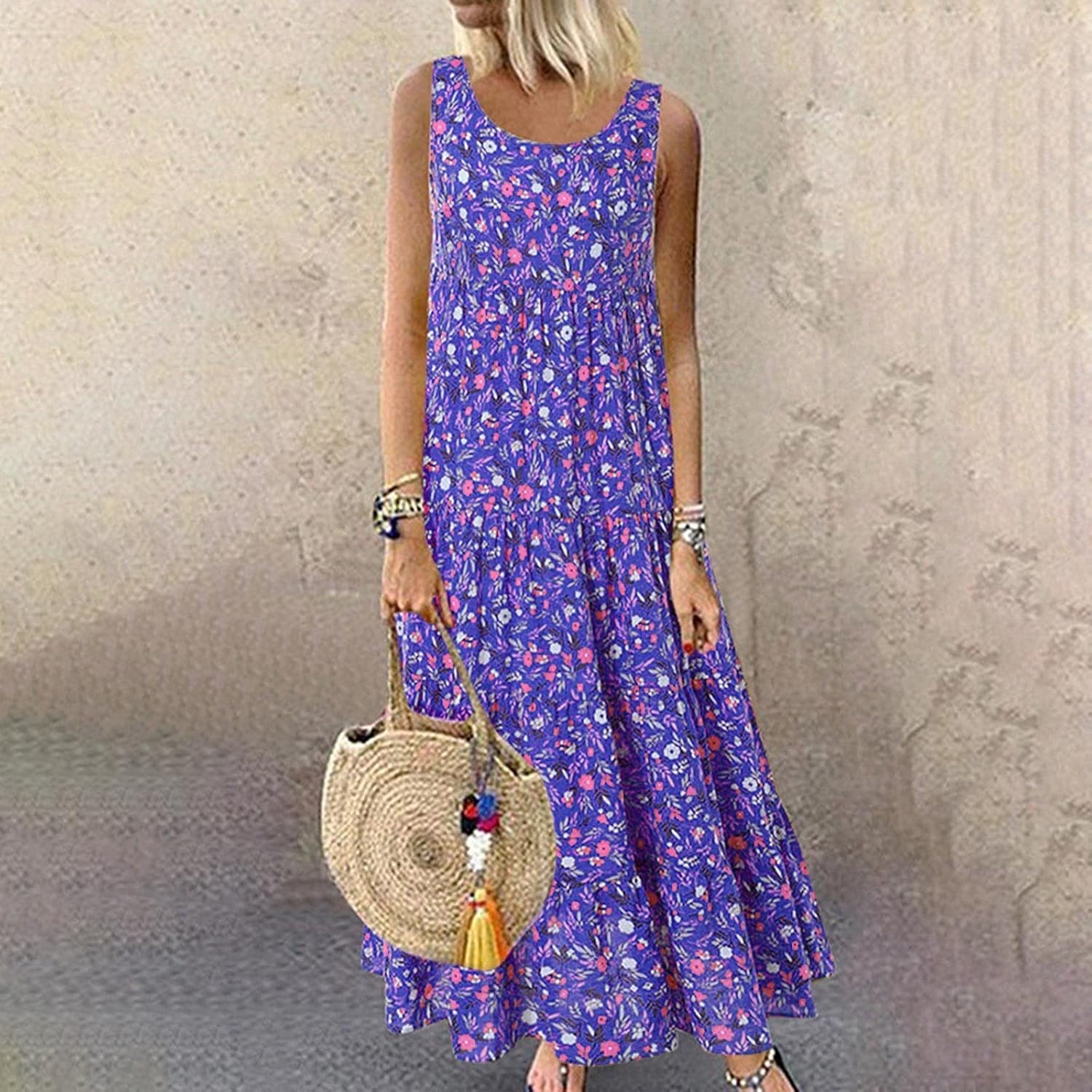 Women's Cotton Linen Dress Floral Maxi Long Dress Casual Sleeveless Crewneck A Line Dress Plus Size Swing Dress Vintage Bohemian Loose Dresses Pageant Prom Ball Gowns Cocktail Dresses UK Size - Image 2