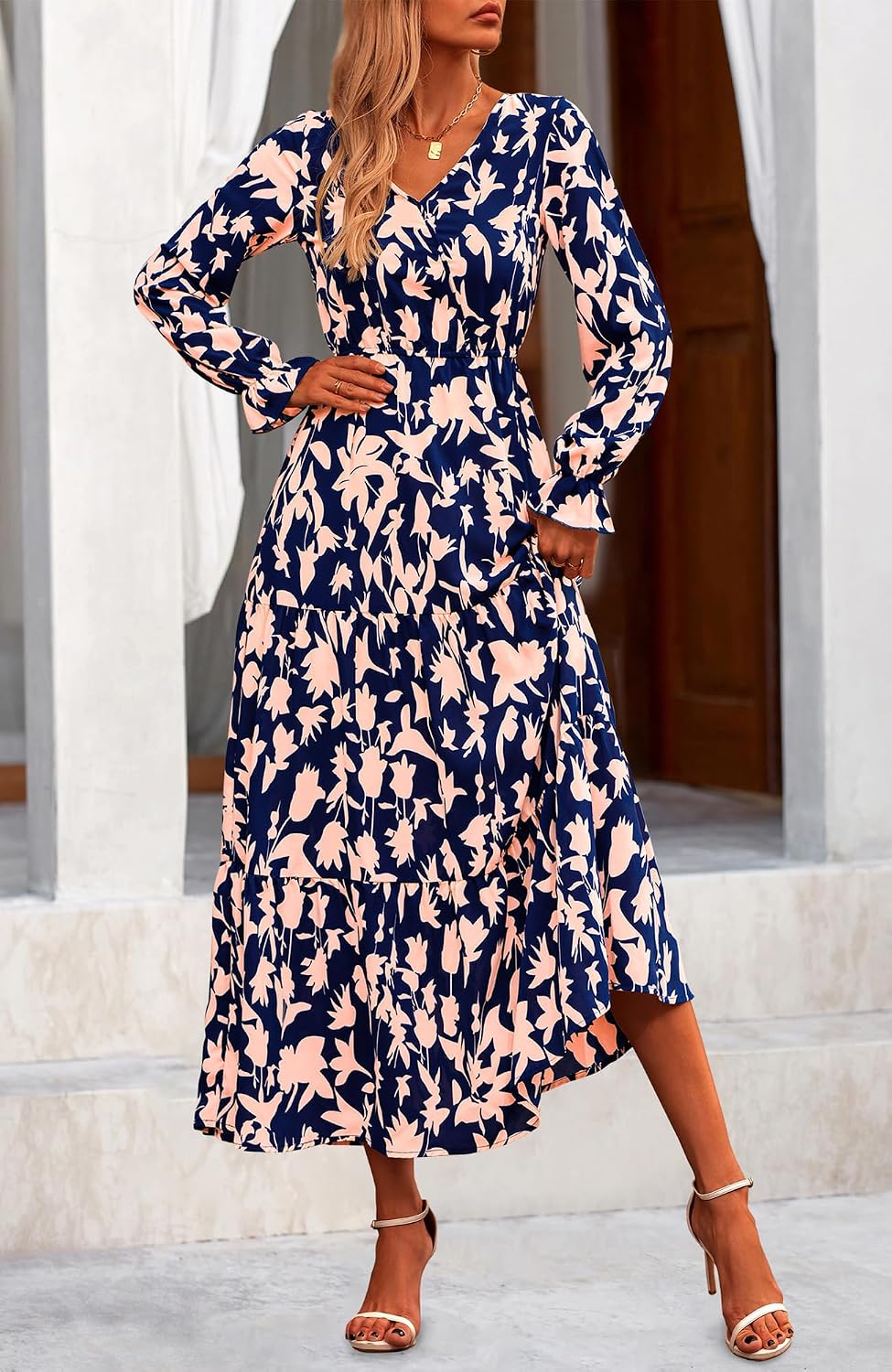NOLLSOM Women's 2024 Fall Dresses Boho Maxi Dress Casual Long Sleeve V Neck Floral Dresses Wedding Guest Dress - Image 4