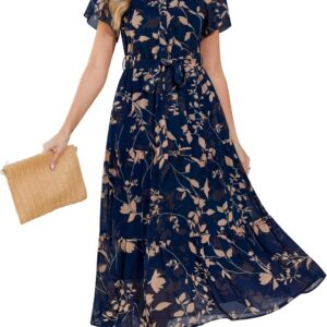Annebouti Women Spring Summer 2026 Wedding Guest Removable-Belt Chiffon Button-Front Elegant Maxi Dress with Pockets
