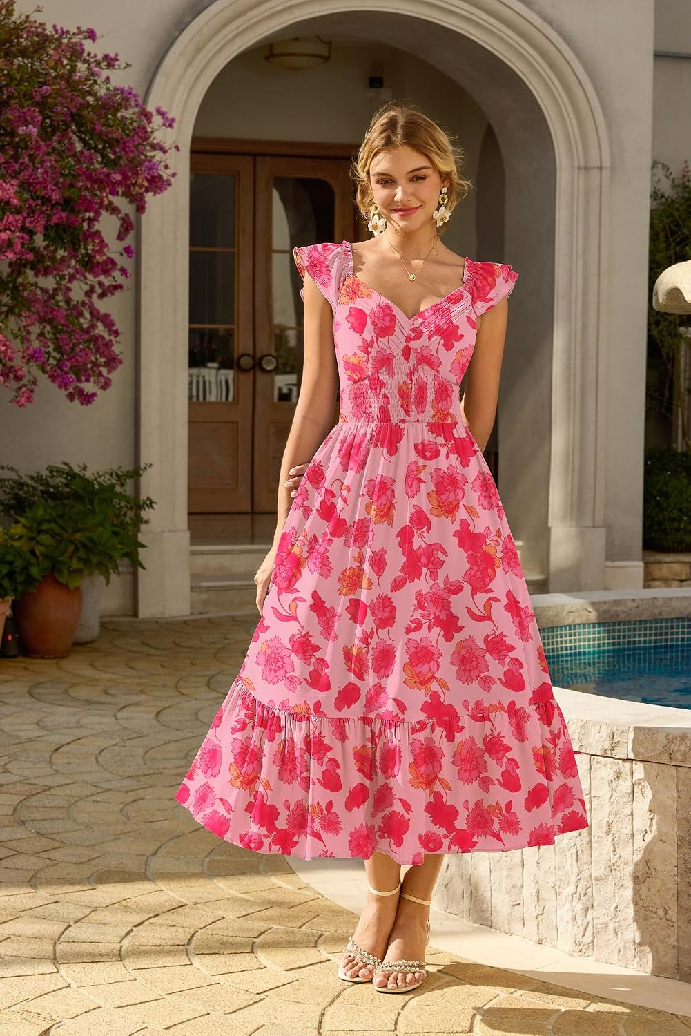 GRACE KARIN Ruffle Sleeves Floral Summer Chiffon Dresses Wedding Guest - Image 2
