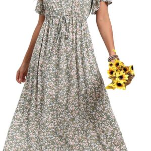 GRECERELLE Womens Summer Maxi Boho Beach Dress Floral Print Dress V Neck Short Sleeve Drawstring High Waist Flowy Long Midi Dresses