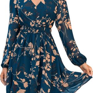 Simplee Womens Floral Mini Dress Long Sleeve Casual V Neck Chiffon Modest Boho Flowy Fall Wedding Guest Dresses