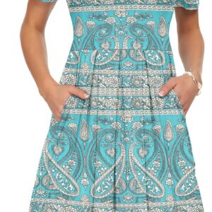 AUSELILY Women’s Short Sleeve Pleated Loose Swing Casual Dress with Pockets Knee Length