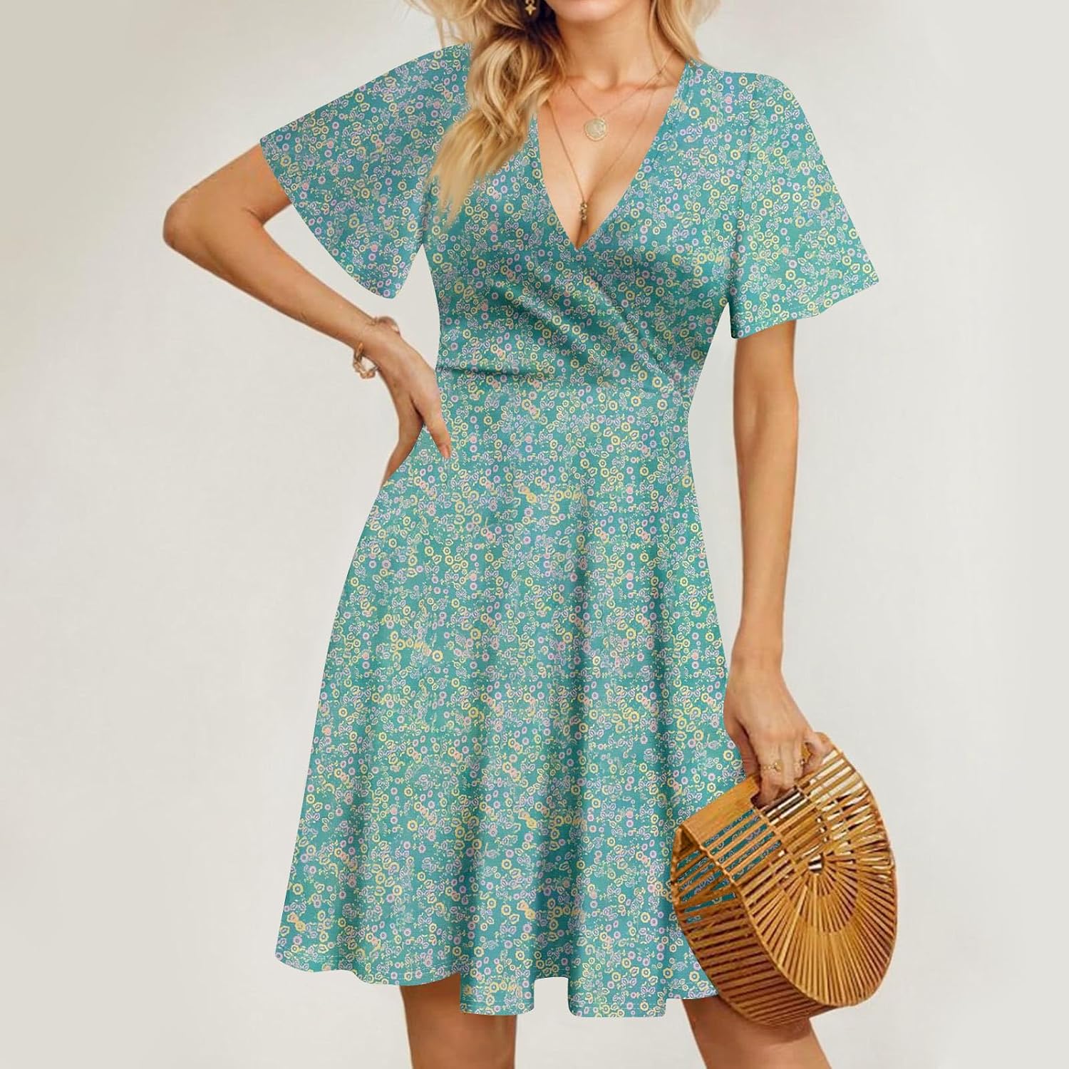Spring Dress Women Womens' Summer Casual Boho Floral Printed High Waist Minidress Swing Crossover V-Neck Thigh-High Dresses Loose Fit Short Sleeve Dress - Image 4