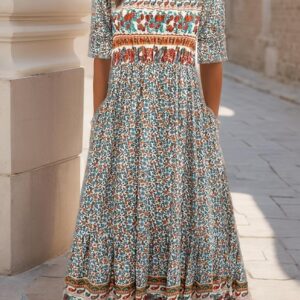 Women’s Summer Boho Dresses Floral Printed Midi Dress Flowy A Line Casual Short Sleeve Sundress Beach with Pockets