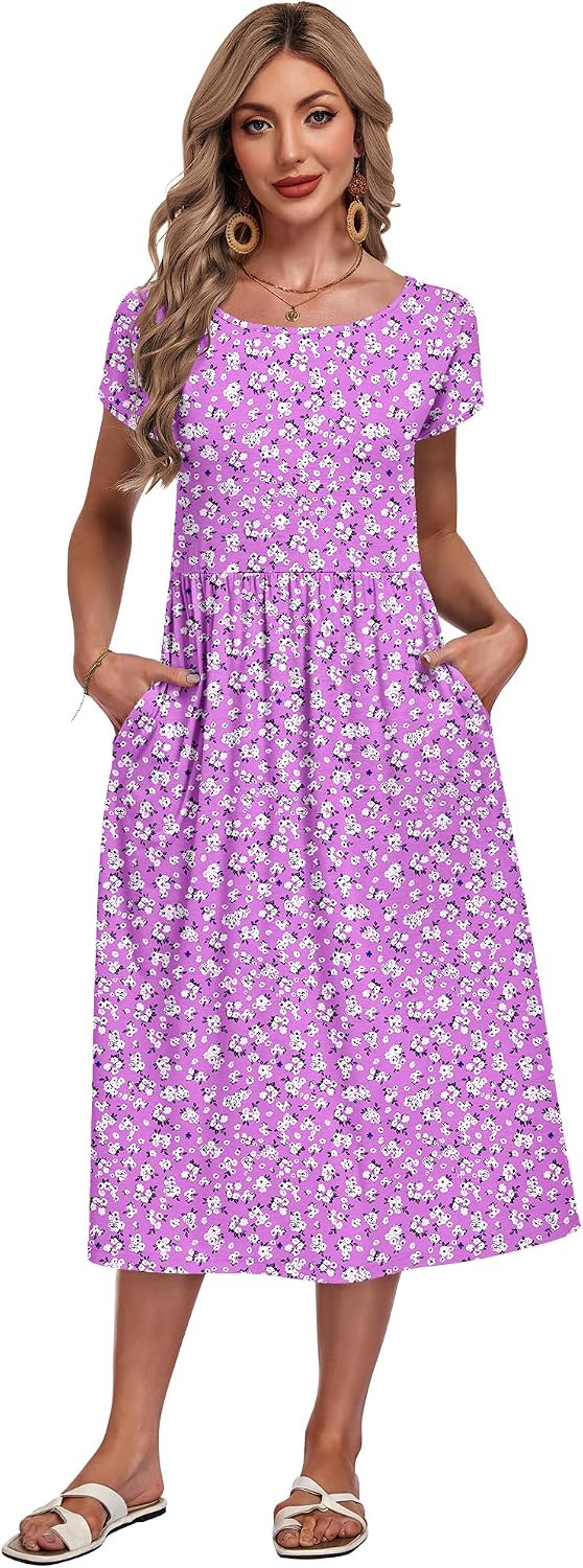 AUSELILY Women's Summer Short Sleeve Midi Dresses Loose Dress with Pockets - Image 2