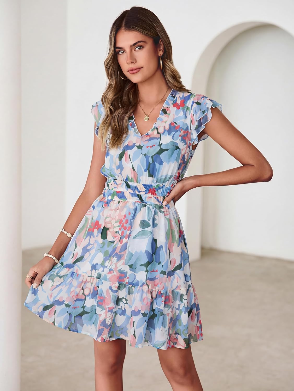Simplee Womens Summer Casual Boho Dress Ruffle Sleeve V Neck Mini Dresses A Line Fashion Floral Flowy Vacation Sundress 2026 - Image 6