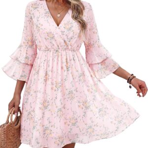 Bebonnie Womens 3/4 Ruffle Sleeve Spring Summer Casual V Neck Flowy Chiffon Layers Dresses