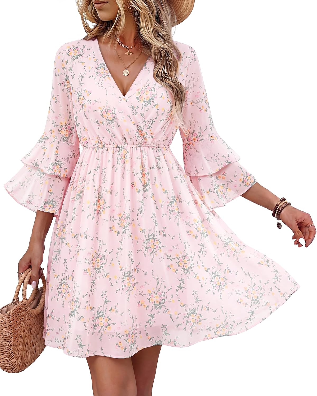Bebonnie Womens 3/4 Ruffle Sleeve Spring Summer Casual V Neck Flowy Chiffon Layers Dresses