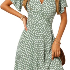 Oyamiki Summer Dresses for Women V Neck Sundress Casual Floral Beach Wrap Ruffle Short Sleeve Dress with Pockets