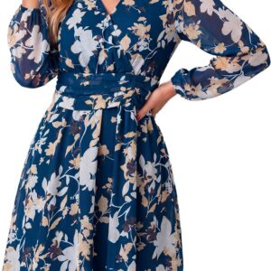 Simplee Womens Floral Mini Dress V Neck Chiffon Long Peasant Sleeves Short Dress Casual Flowy Fall Wedding Guest Dresses