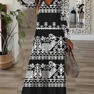 Autumn/Winter Fashion Full-Print Long-Sleeve V-Neck Elegant Dress Women’s Vintage-Style Maxi Dress