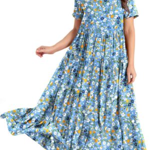 YESNO Women Dresses Casual Plus Size Bohemian Short Sleeve Floral Long Maxi Summer Beach Swing Dress/Pockets EJFUK