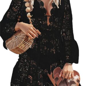 Women Lace Floral Bikini Cover Ups V Neck Hollow Out Swimwear Tunic Beach Dress Summer Beachwear