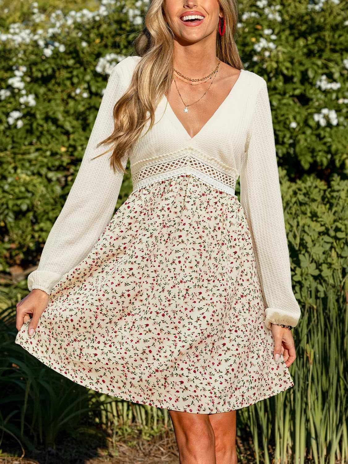 CUPSHE Womens Mini Fall Dresses V Neck Casual Long Sleeve Floral Self Tie Crochet Short Flowy Wedding Guest Dress - Image 2