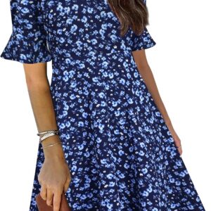 Mokayee Women Summer Dress V Neck Ruffle Short Sleeve Knee Length Church Wedding Guest Dresses with Pockets