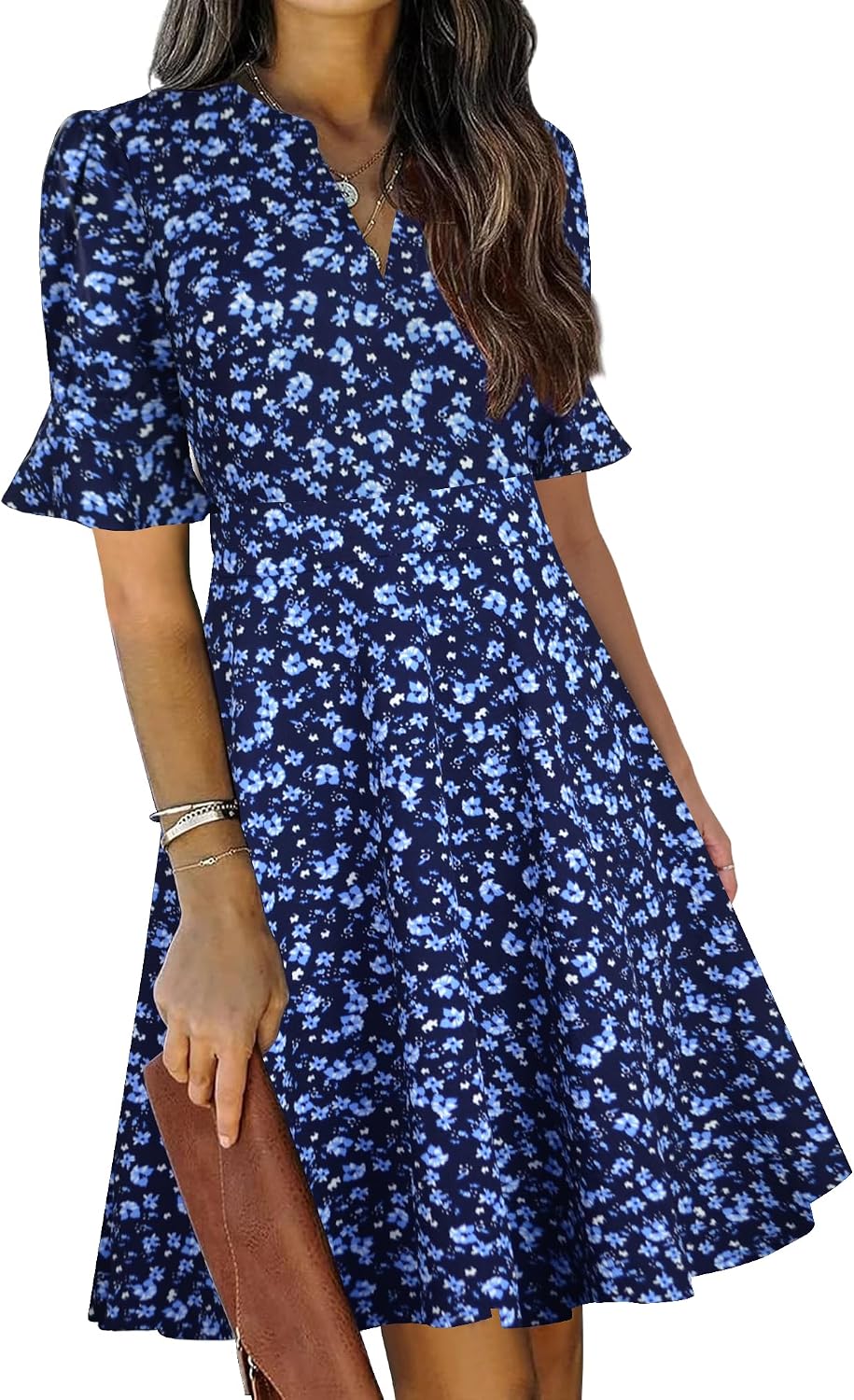 Mokayee Women Summer Dress V Neck Ruffle Short Sleeve Knee Length Church Wedding Guest Dresses with Pockets