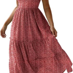Women’s Floral Short Sleeve Midi Dress Square Neck Tiered Casual Summer Flowy Dress
