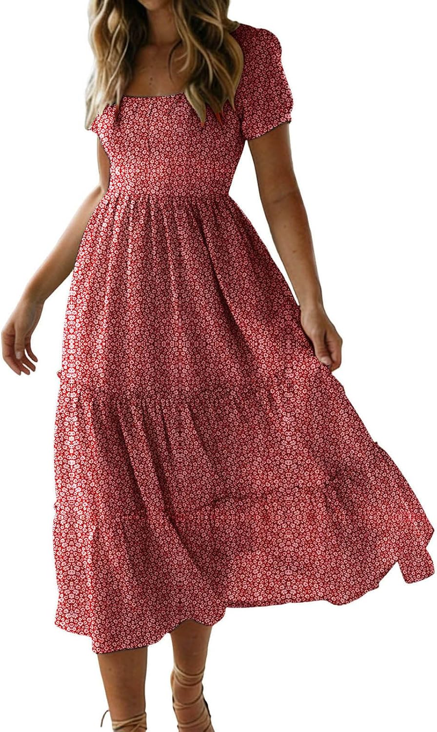 Women's Floral Short Sleeve Midi Dress Square Neck Tiered Casual Summer Flowy Dress