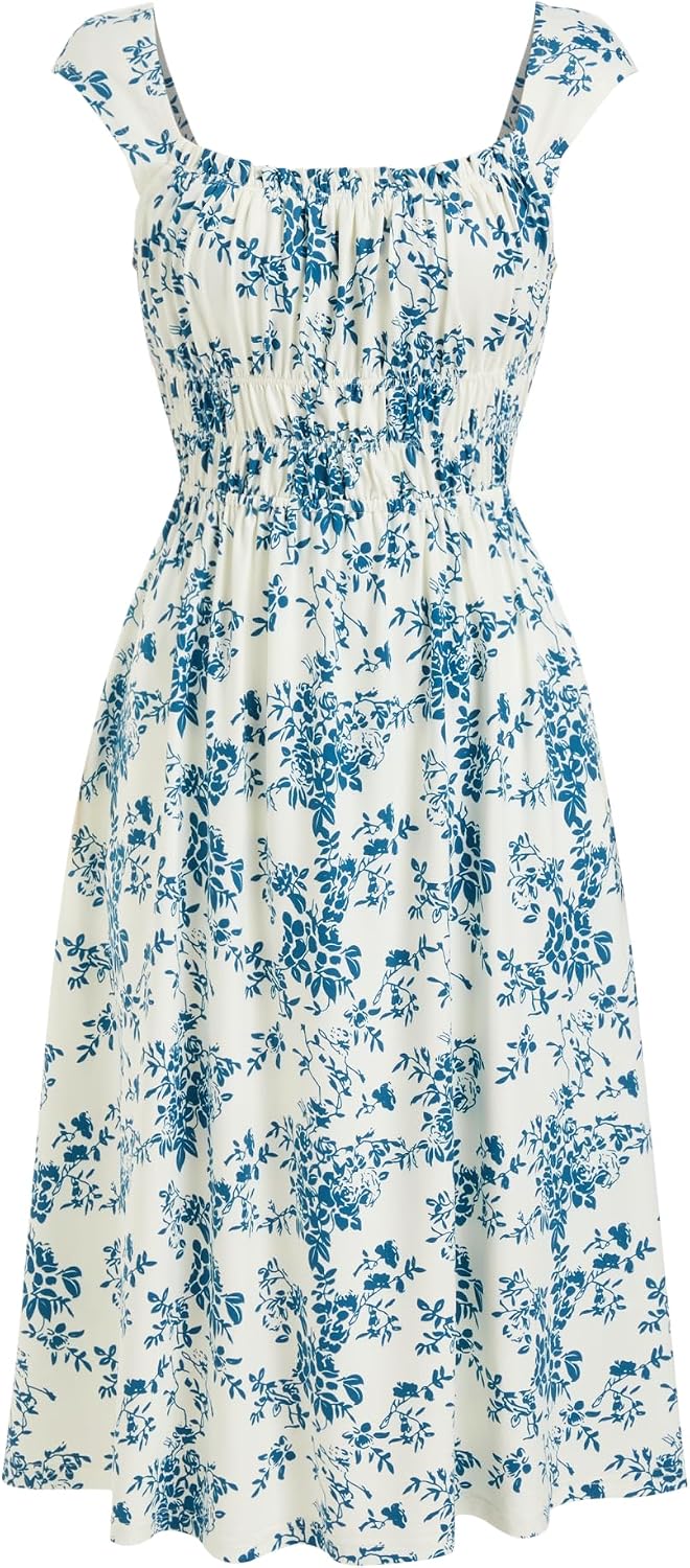 CIDER Women Summer Maxi Dress Floral Square Neck Short Sleeve Casual Midi Dress with Pockets
