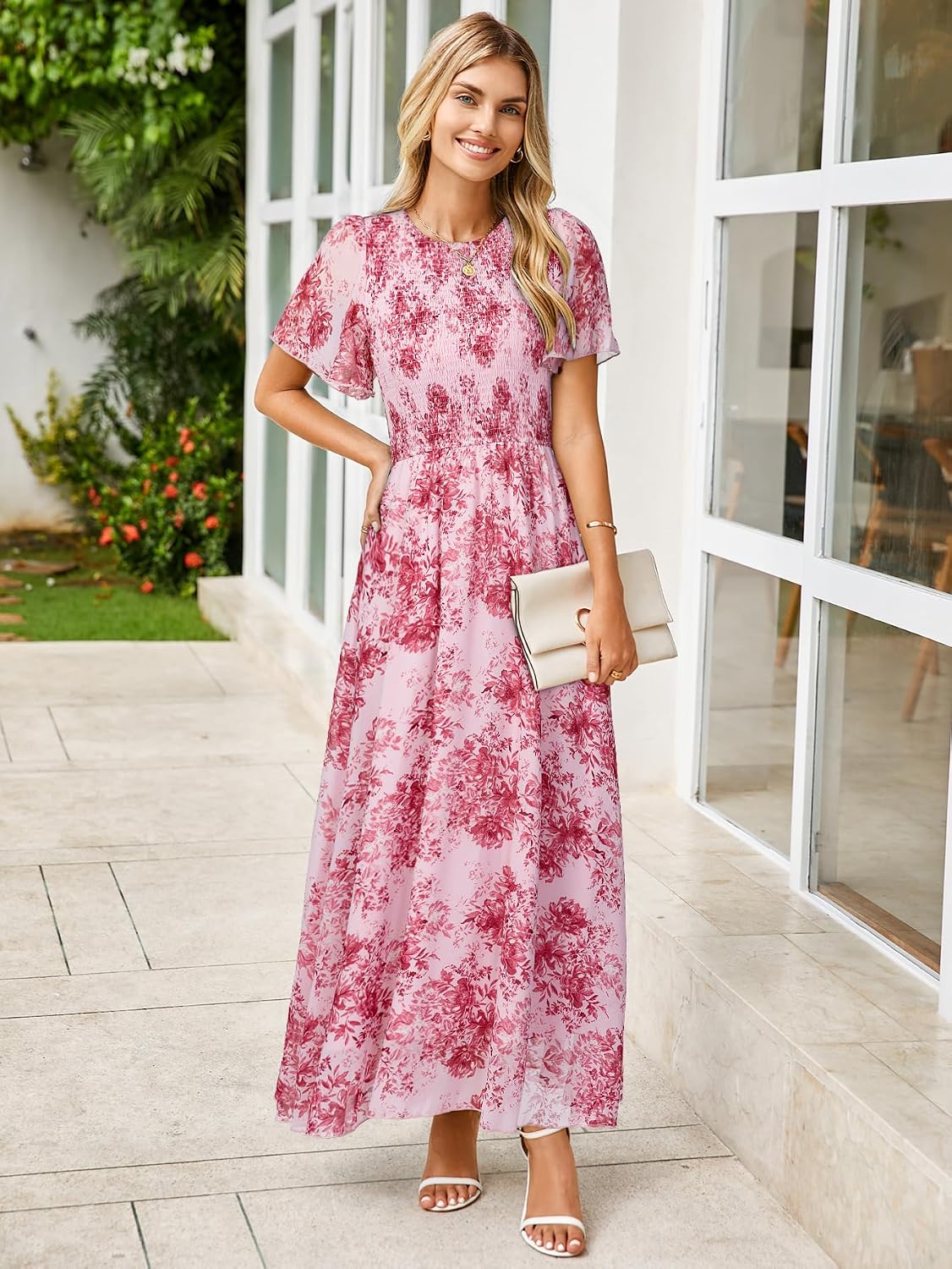 Simplee Womens Summer Floral Casual Maxi Dresses Flutter Short Sleeve Crew Neck Smocked Chiffon Boho Flowy Dress - Image 2