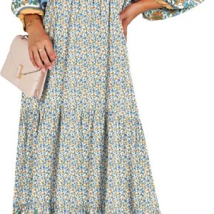 ANRABESS Womens Boho Maxi Dresses 2025 Summer V Neck Puff Sleeve Floral Flowy Swing Fall Casual Long Dress