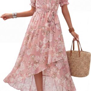 Simplee Womens Summer Chiffon Floral Wedding Guest Dress Wrap Ruffle Boho Flowy Belted Puff Sleeve Beach Maxi Dress
