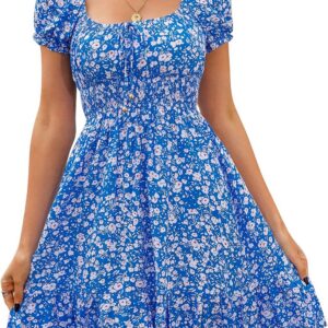 Livonmone Womens Summer Casual Sweetheart Neckline Puff Sleeve Floral Print High Waist Dress Boho Beach Mini Short Dresses