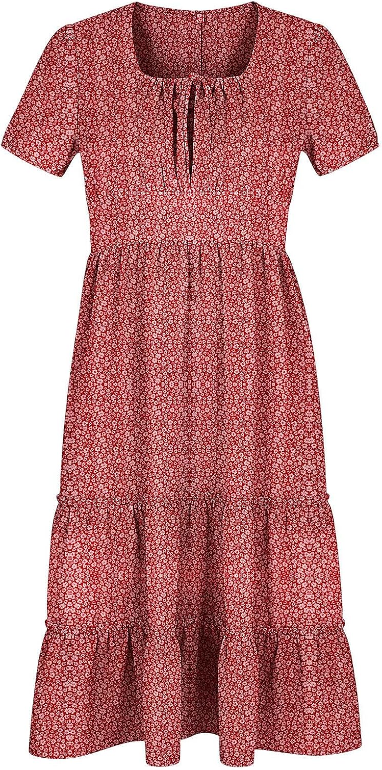 Women's Floral Short Sleeve Midi Dress Square Neck Tiered Casual Summer Flowy Dress - Image 7