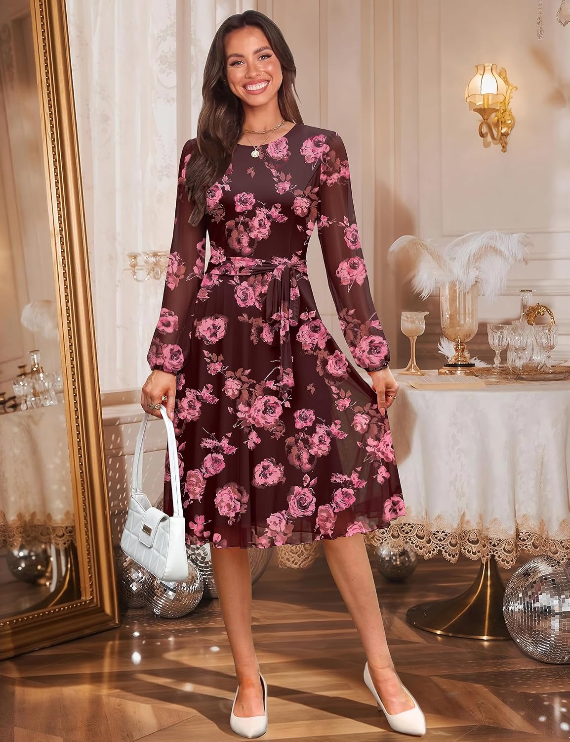 Zattcas Women's 2025 Fall Mesh Long Sleeve Floral Midi Dress Crew Neck A Line Flowy Cocktail Party Wedding Guest Dress - Image 3