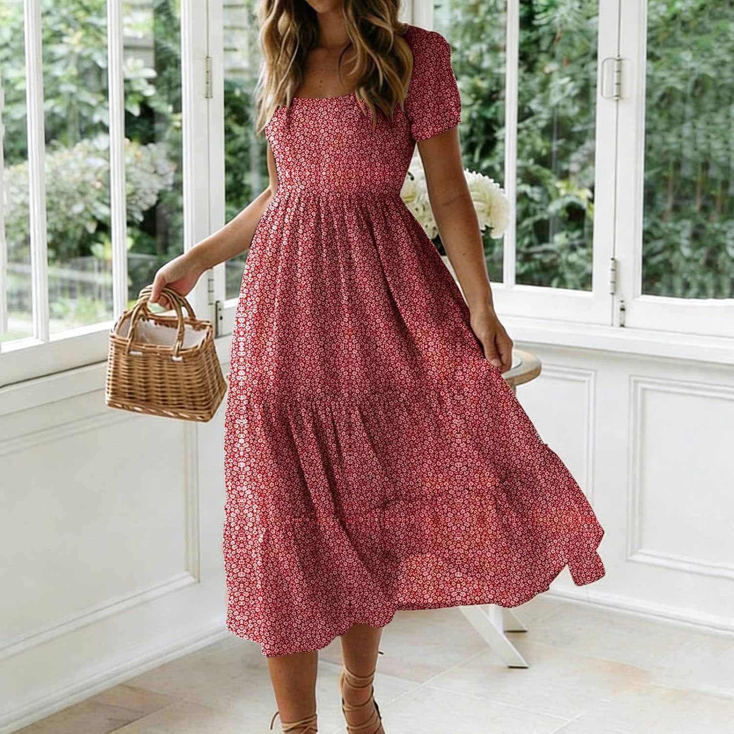 Women's Floral Short Sleeve Midi Dress Square Neck Tiered Casual Summer Flowy Dress - Image 2