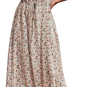 GRECERELLE Womens Summer Maxi Boho Beach Dress Floral Print Dress V Neck Short Sleeve Drawstring High Waist Flowy Long Midi Dresses