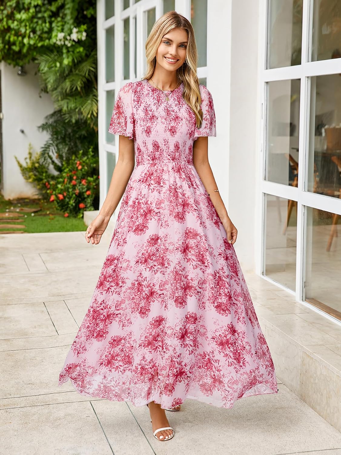 Simplee Womens Summer Floral Casual Maxi Dresses Flutter Short Sleeve Crew Neck Smocked Chiffon Boho Flowy Dress - Image 5