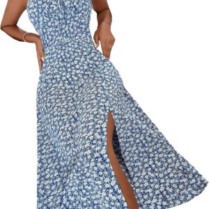 GORGLITTER Women’s Floral Milkmaid Dress Boho Tie Front A Line Flared Midi Cami Dress Summer Beach Split Thigh Sundress