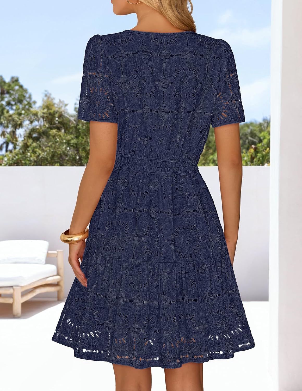 MEROKEETY Women's Summer Lace Boho Mini Dress 2026 Short Sleeve Floral Eyelet A Line Vacation Beach Short Sundress - Image 4