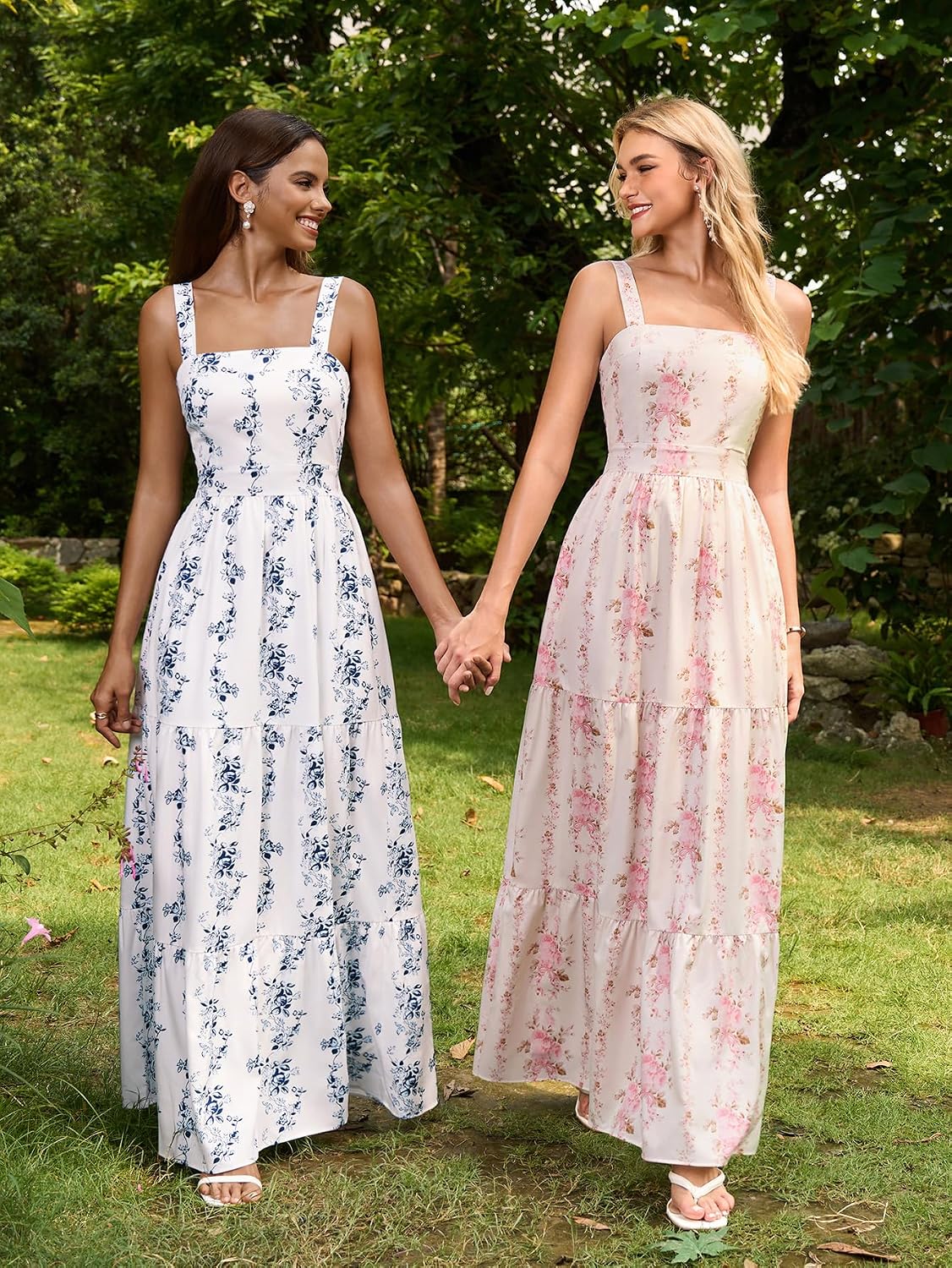 HTZMO Womens Summer Wedding Guest Floral Maxi Sundress Square Neck Back Bow Tie Flowy Boho Beach Vacation Long Dresses - Image 3