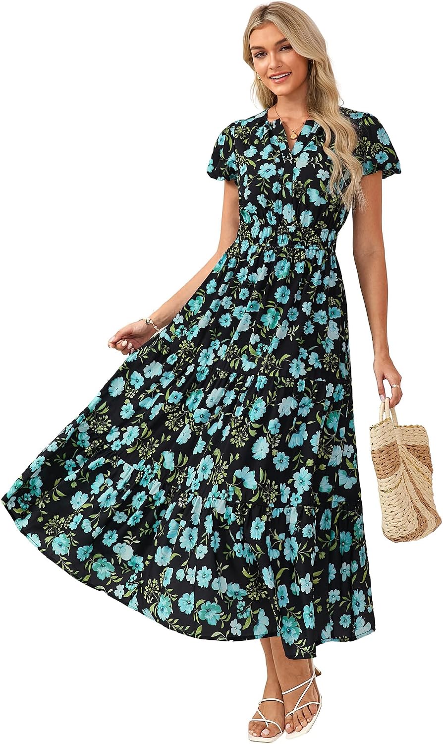 GRACE KARIN Women Elegant Maxi Floral Dress Short Sleeve V Neck Summer Dress Elastic Waist - Image 4