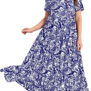 YESNO Women Dresses Casual Plus Size Bohemian Short Sleeve Floral Long Maxi Summer Beach Swing Dress/Pockets EJFUK