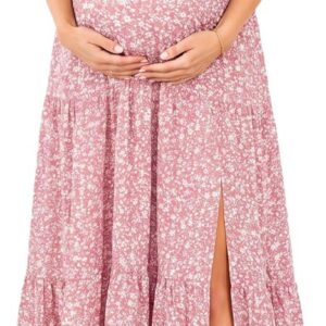 Maternity Dress for Photoshoot Off Shoulder Ruffles Summer Flowy Maxi Pregnancy Dress for Baby Shower with Slit