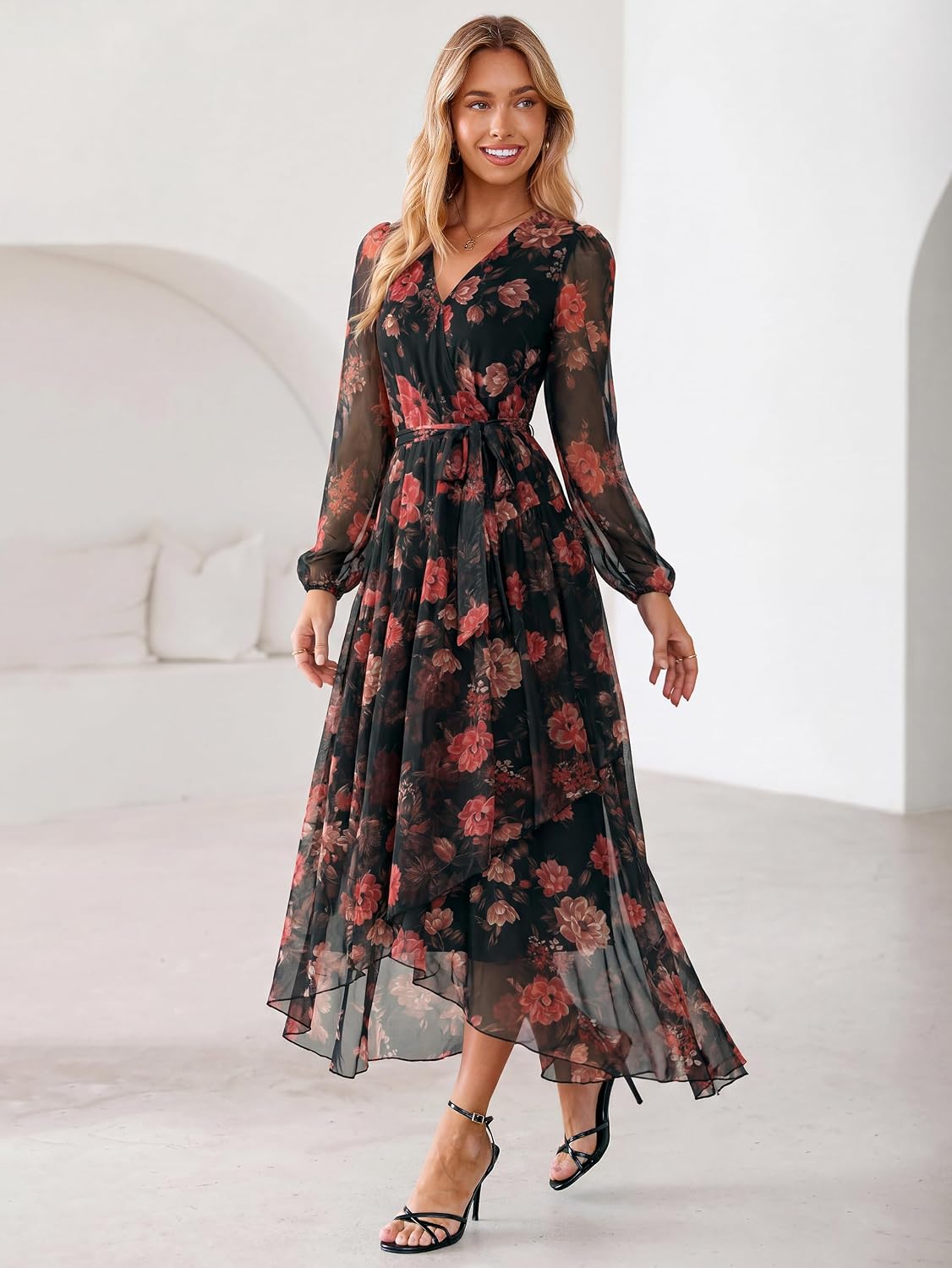 Simplee Women's Floral Long Sleeve Mesh Maxi Dress Fall V Neck Wrap High Low Swing Flowy Wedding Guest Dress - Image 3