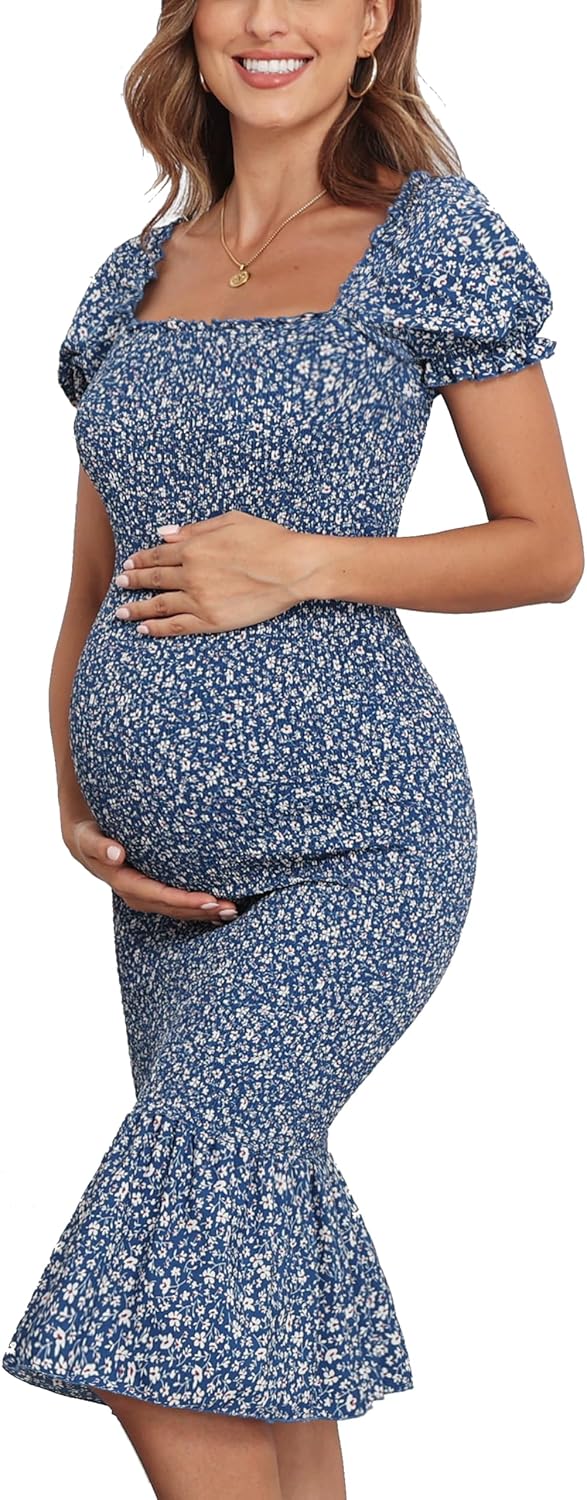 Maternity Summer Floral Midi Bodycon Dresses, Short Puff Sleeve Square Neck Ruffle Hem Mermaid Baby Shower Dress