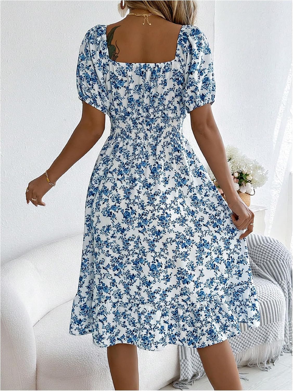 GORGLITTER Women's Floral Flared Midi Milkmaid Dresses Square Neck Puff Sleeve Smocked Flowy Midi A Line Dress - Image 3